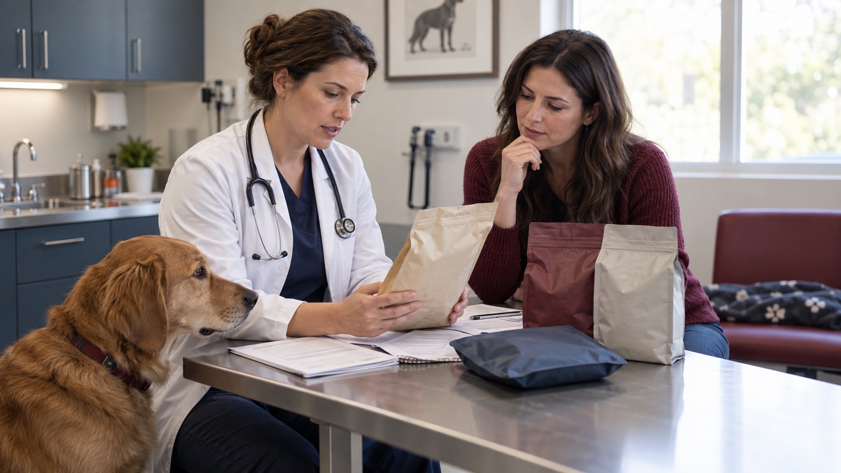 A veterinarian and dog owner reviewing unbranded pet-food packages and notes in a modern examination room